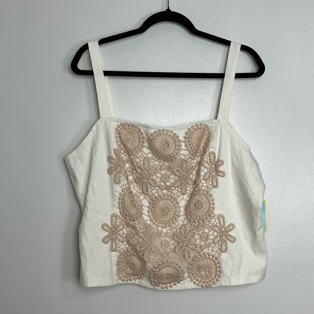 NWT CeCe Linen Blend Crochet Lace Square Neck‎ Smocked Back Crop Top Ivory XL